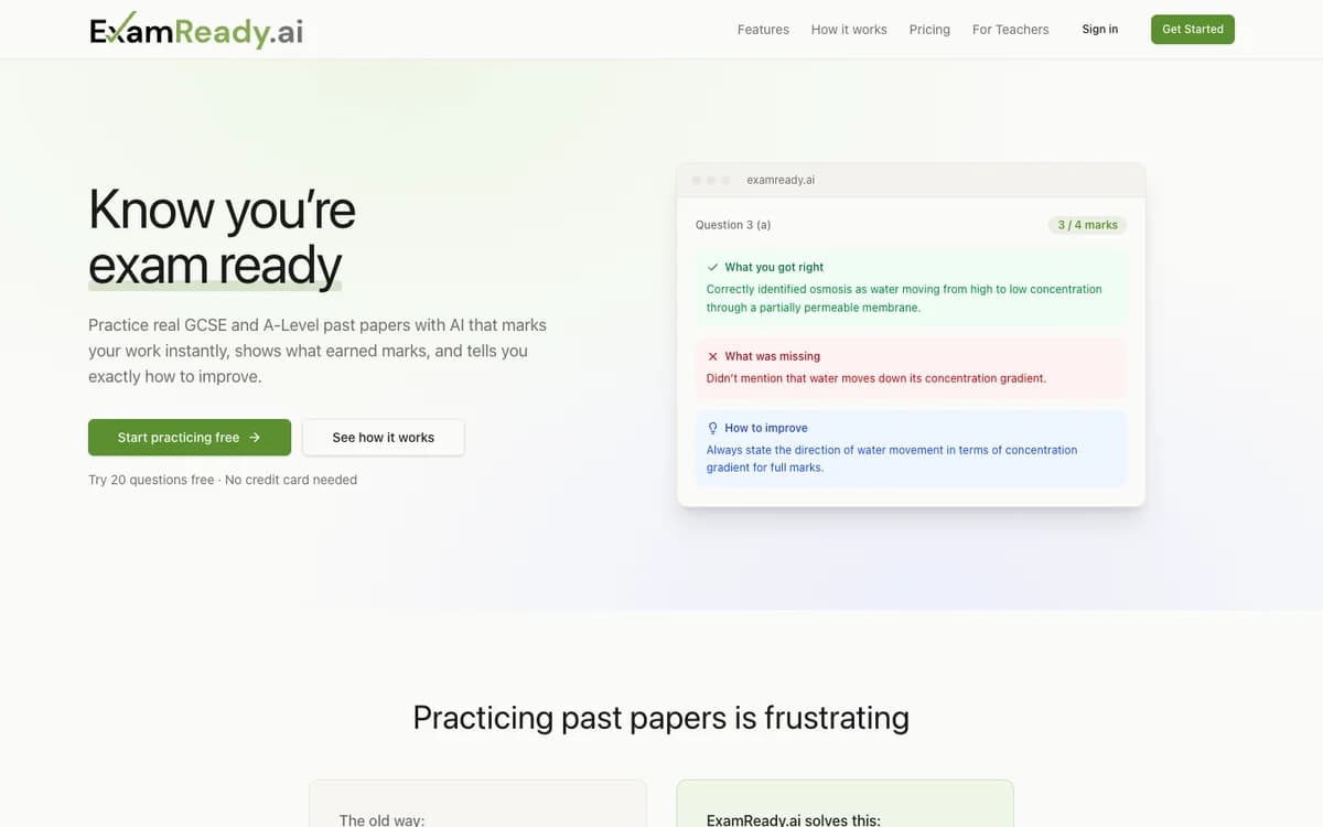 ExamReady website: exam practice with AI marking