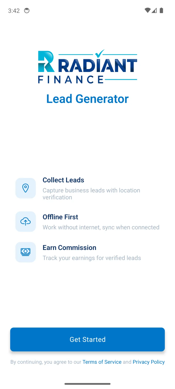 Radiant Finance field-agent app: collect leads, work offline, earn commission