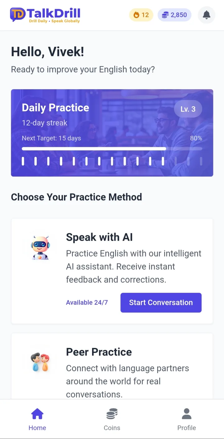 TalkDrill app home screen with daily practice and AI conversation